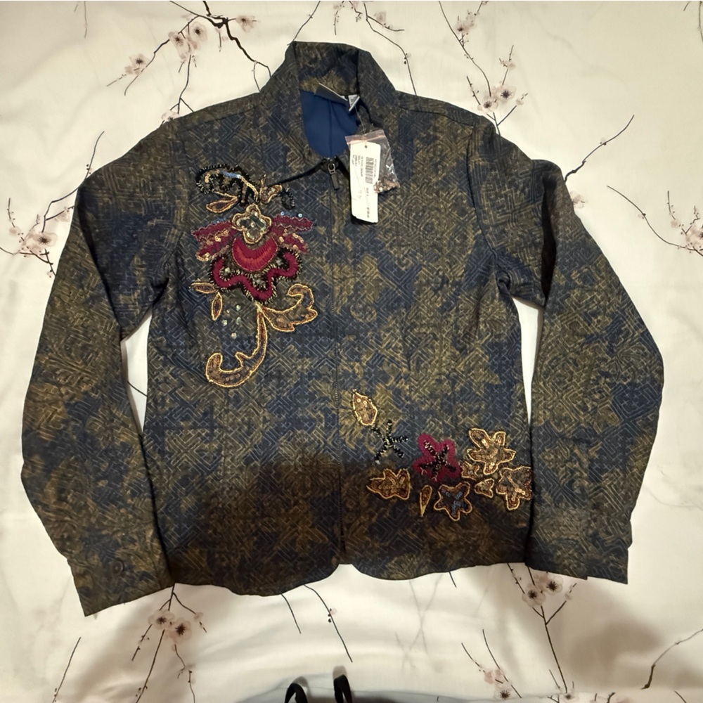 NWT Chico Blue and Gold Jean Jacket with Floral Embroidery